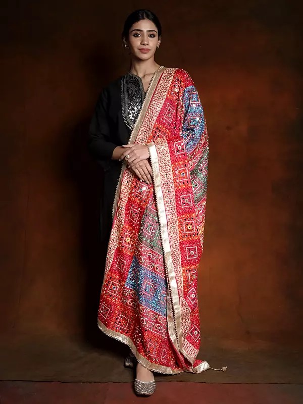 Phulkari Rainbow Dupatta from Punjab with Gota-Patti and All-over Mirrors