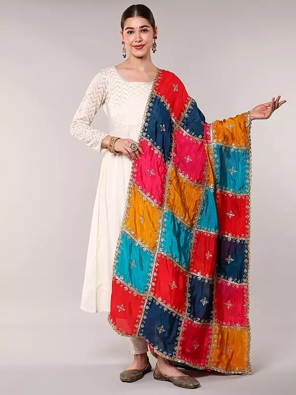 Block Pattern Zari Gota Patti Dupatta with Embroidered Bootis in Golden Thread