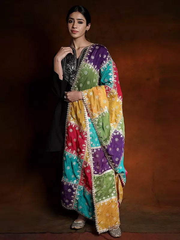 Multicolor Block Pattern Zari Gota Patti Dupatta with Embroidered Bootis in Golden Thread