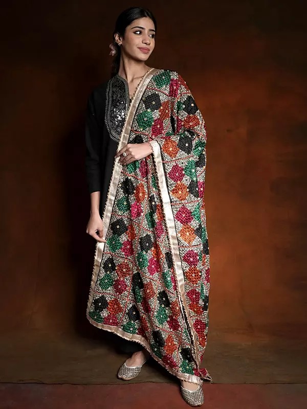 Phulkari Dupatta from Punjab with Multicolor Diamond Pattern Thread Embroidery and Bead-Mirror Work