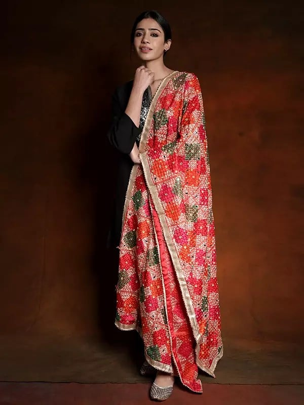 Phulkari Dupatta from Punjab with Multicolor Diamond Pattern Thread Embroidery and Bead-Mirror Work