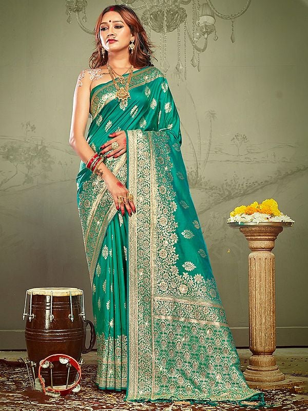 Banarasi Silk Floral Pattern Zari Work Saree With Blouse And Tassel Pallu