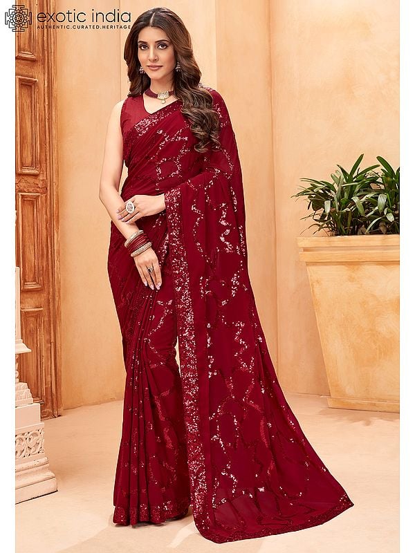 Burgundy-Maroon Heavy Georgette Sequence Work Saree With Lace Border