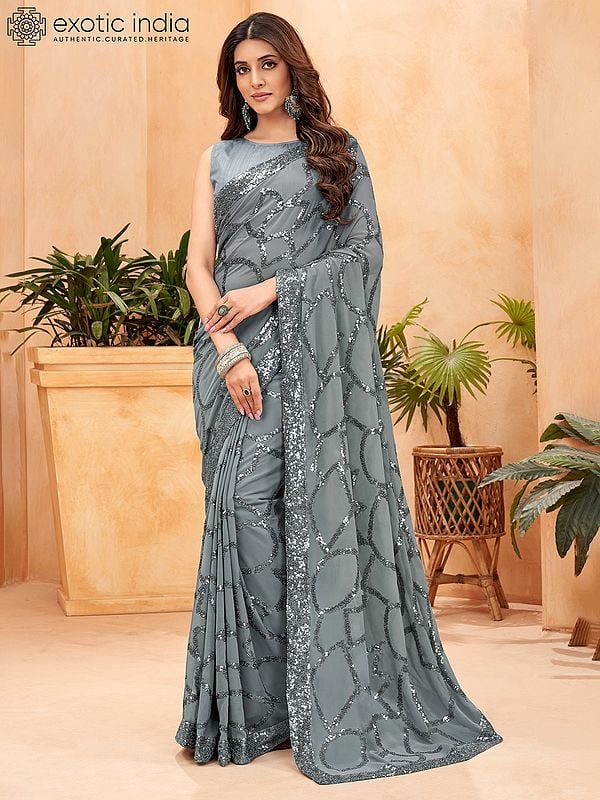 Pewter-Grey Georgette Sequence Work Saree With Blouse