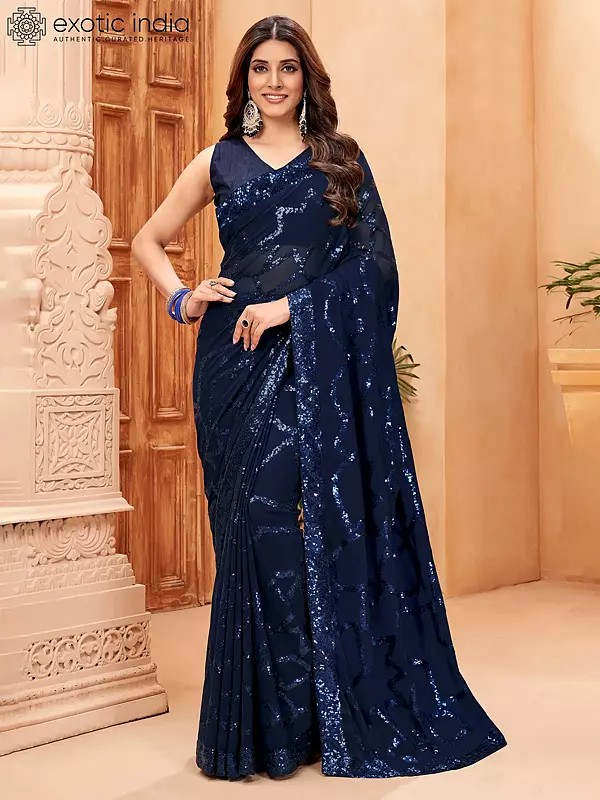 Navy-Blue Georgette Sequence Work Saree With Lace Border And Blouse