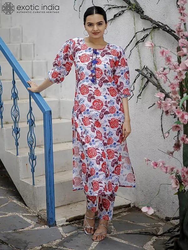 Floral Pattern Co-Ord Set Printed Kurta with Tassels Button