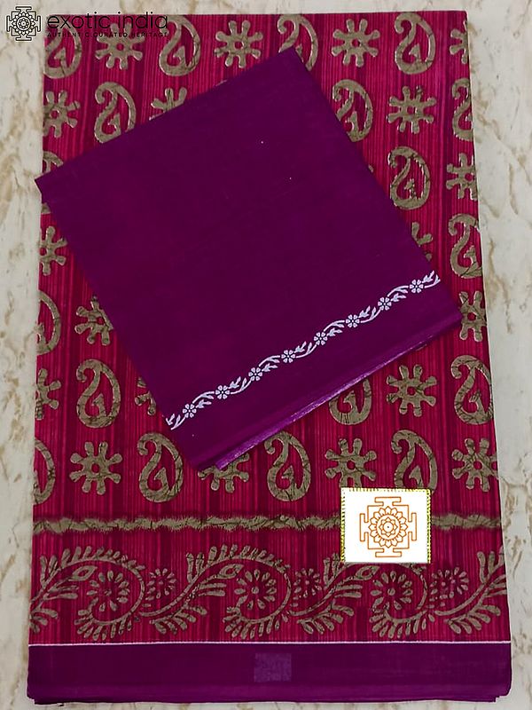 Majenta-Pink and Batik Print Pure Cotton Saree with Separate Blouse Piece