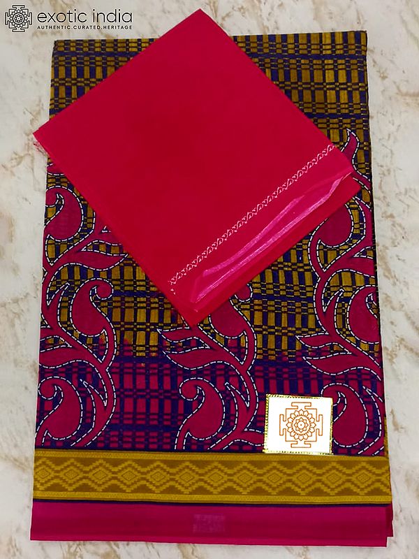 Magenta-Pink Pure Cotton Saree with Geometric Border and Separate Blouse Piece