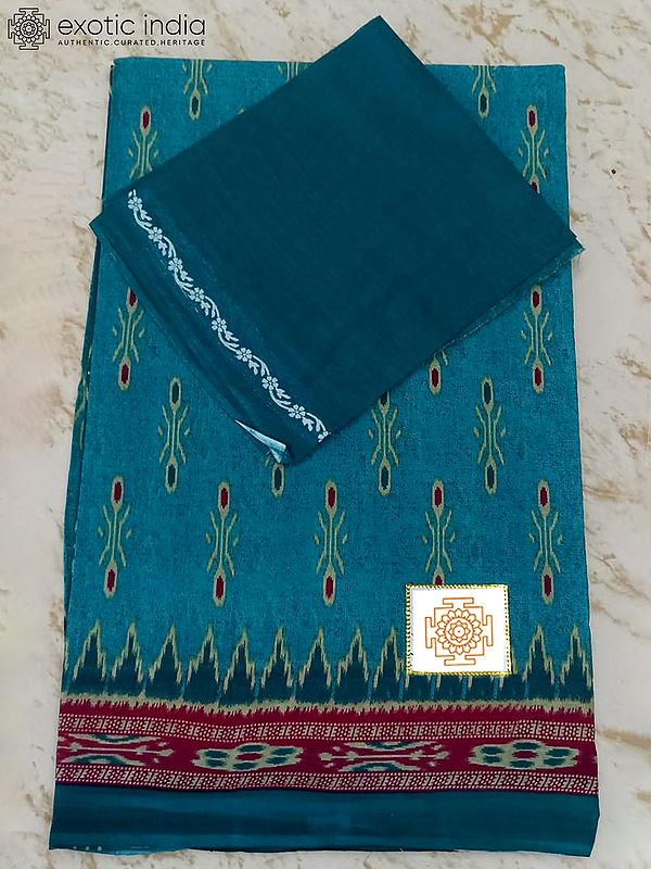 Zircon-Blue Cotton Saree with Separate Blouse Piece and Floral Border