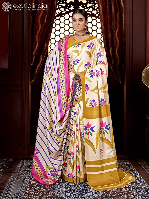 Floral Motif Kani Polyester Digital Printed Saree with Tassels Palla Shawl and Blouse