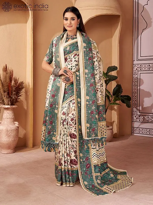Triangle Border Digital Printed Floral Pattern Kani Polyester Saree with Shawl