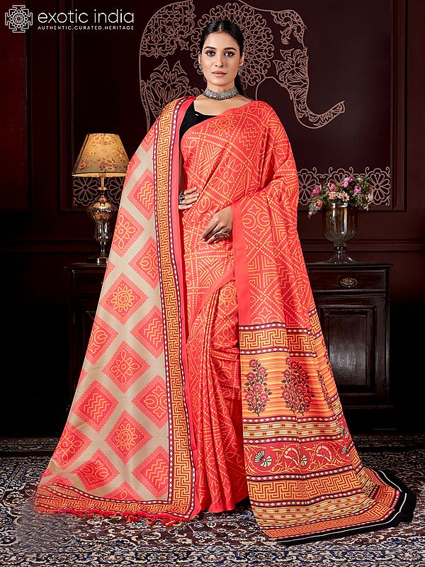 Red-Orange Digital Printed Kani Polyester Saree with Shawl and Floral Pallu