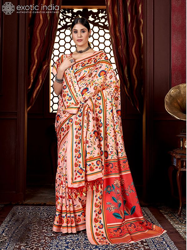 Vine Border and Floral Pallu Digital Printed Kani Polyester Saree with Shawl and Blouse