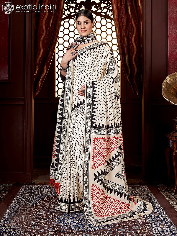 Jasmine-White Digital Zig Zag Print Kani Polyester Saree with Blouse and Tassels Palla Shawl