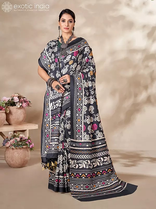 Dark-Anchor-Grey Digital Printed Rose Kani Polyester Saree with Blouse and Tassels Palla Shawl