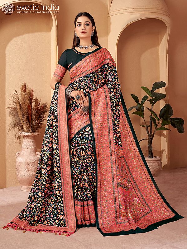 Matte-Black Kani Polyester Floral Design Saree with Floral Border and Shawl
