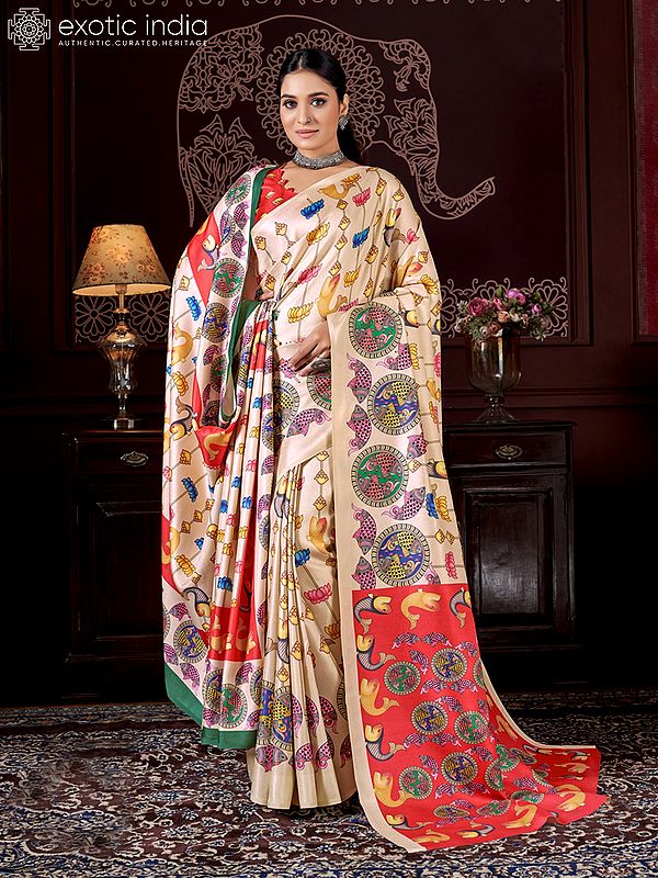 Light-Peach Digital Printed Fishes Pattern Kani Polyester Saree with Shawl and Blouse