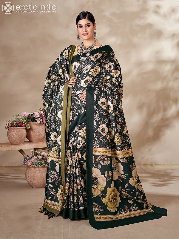 Charleston-Green Digital Printed Kani Polyester Saree with Shawl and Big Flowers Pallu