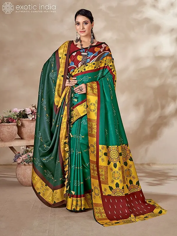 Pine-Green Kani Polyester Saree with Digital Print and Blouse