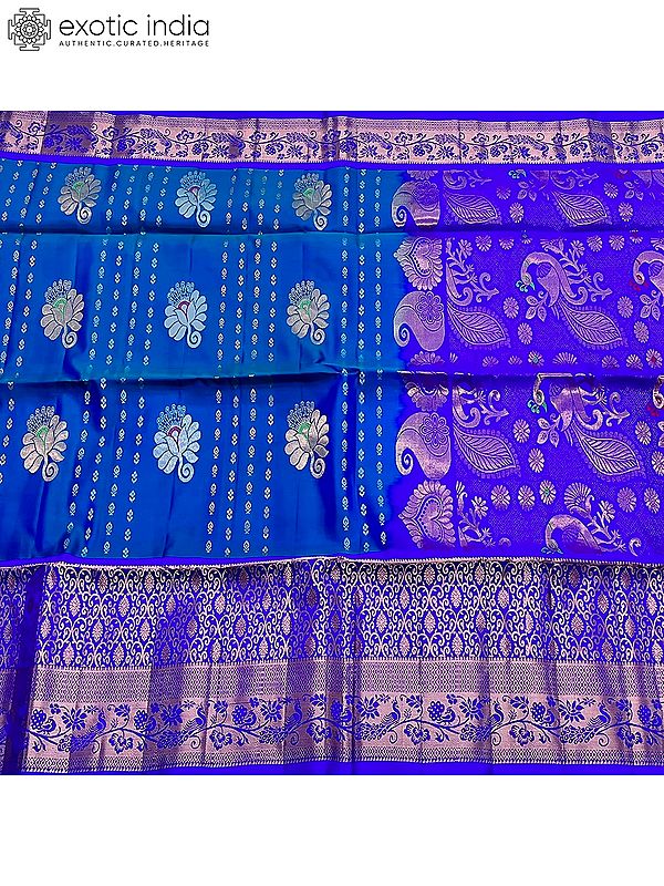 Cobalt Blue Venkatagiri Pattu Saree With Silver Zari Buttas With Contrast Pallu
