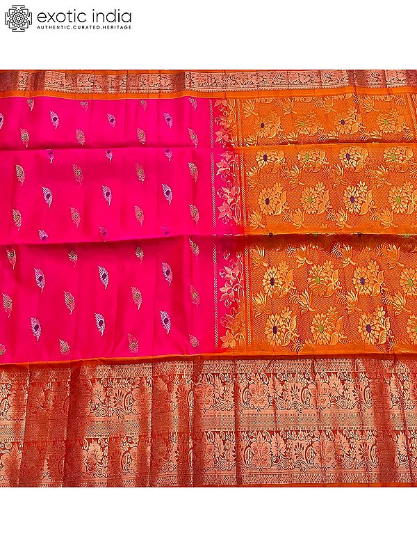 Orange-Pink Venkatagiri Pattu Hand Woven Saree With Contrast Pallu And Plain Blouse