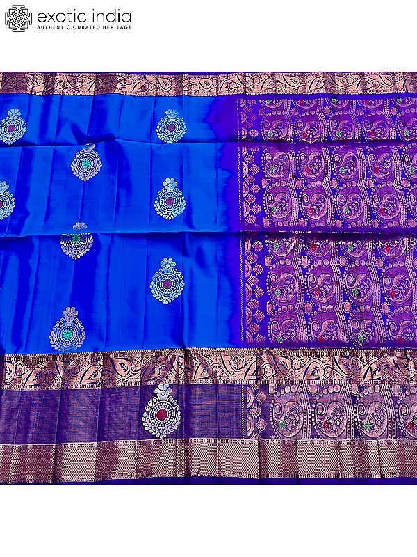 Royal Blue Hand Woven Saree With  Golden Zari Border With Contrast Pallu