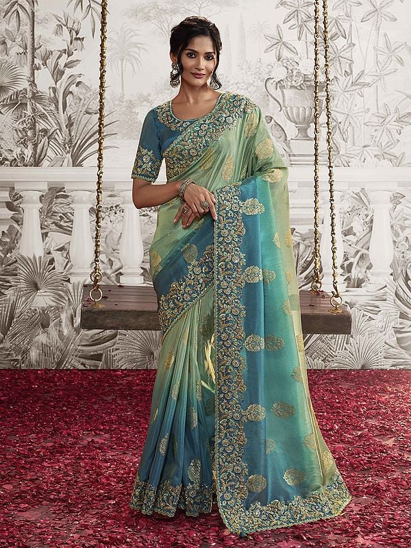 Green-Blue Zari Embroidered Stone Sequins Pure Viscose Tissue Jacquard Saree with Blouse