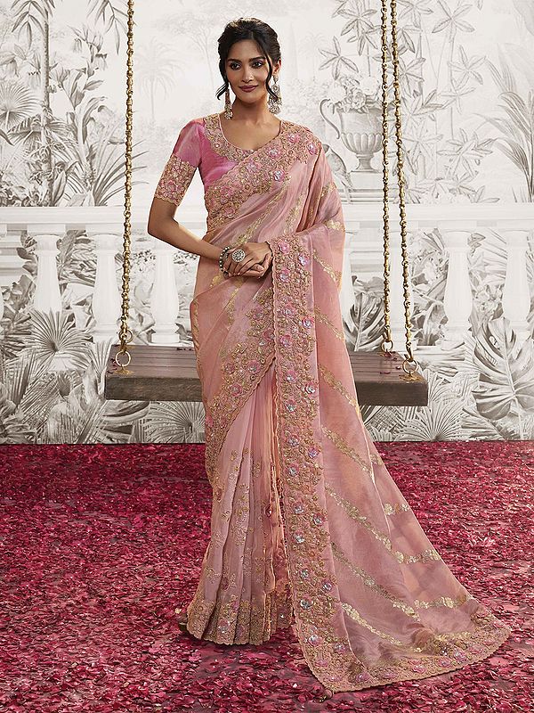 Blush-Pink Floral Motif Zari Embroidered Sequins Pure Viscose Tissue Jacquard Saree with Blouse