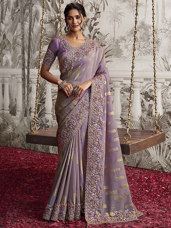 Dusty-Lavender Leaf Pattern Zari Embroidered Pure Viscose Tissue Jacquard Saree with Floral Border