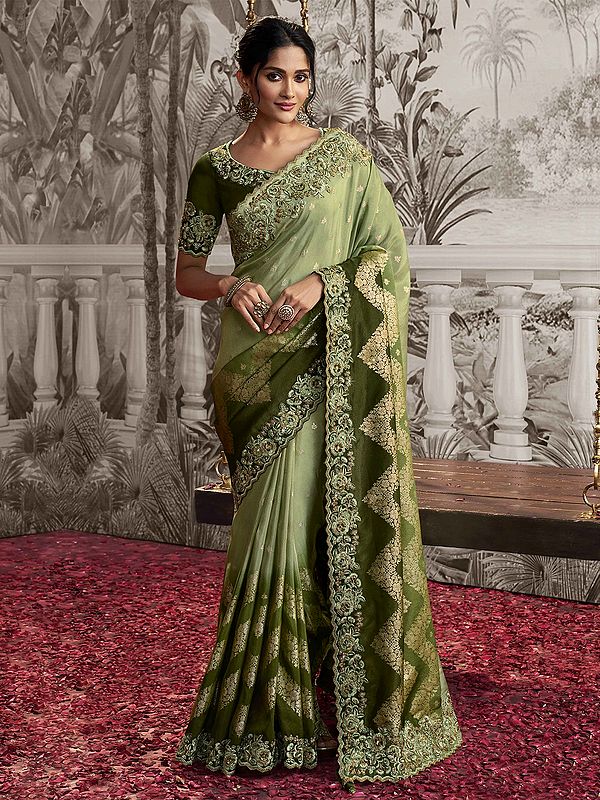 Light Olive-Green Floral Butti Zari Embroidered Pure Viscose Tissue Jacquard Saree with Blouse