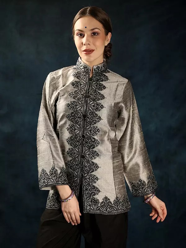 Flint-Gray Pure Silk Kashmiri Short Jacket with Paisley Aari Embroidery by Hand