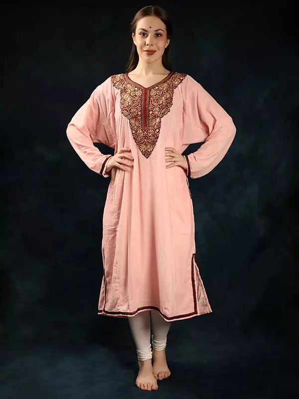 Tickled-Pink Velvet Kashmiri Phiran with Aari Embroidered Patch on Neck