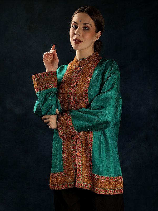 Blue-Grass Pure Silk Paisley Embroidered Short Jacket with Aari Embroidery by Hand