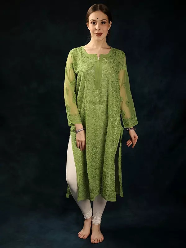 Georgette Paisley Diaphanous Long Kurti with Lukhnavi Chikan Embroidery by Hand