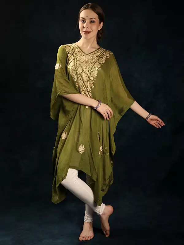 Calliste-Green Crepe Aari Embroidered Kaftan from Kashmir