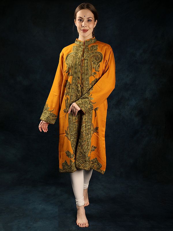 Autumn-Blaze Pure Wool Long Kashmiri Jacket with Aari Embroidery by Hand