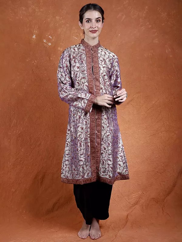 Pure Silk Paisley Jaal Hand-Aari Embroidered Long Jacket from Kashmir