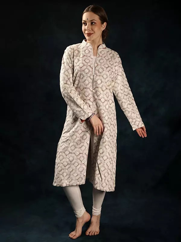 Gingerbread Silk Long Jacket from Kashmir with Aari Embroidery All-Over