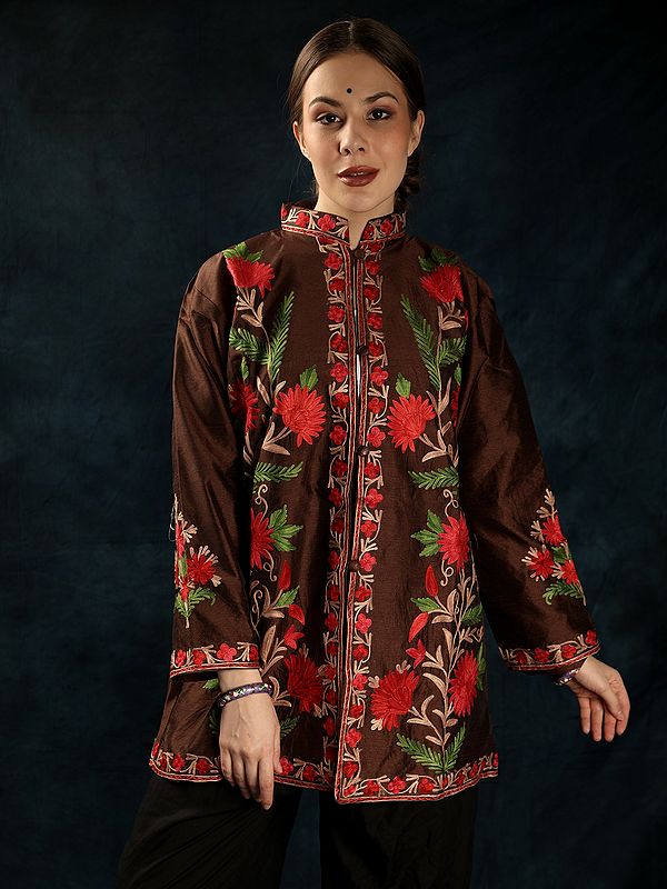 Chestnut Silk Kashmiri Short Jacket with Floral Aari Embroidery