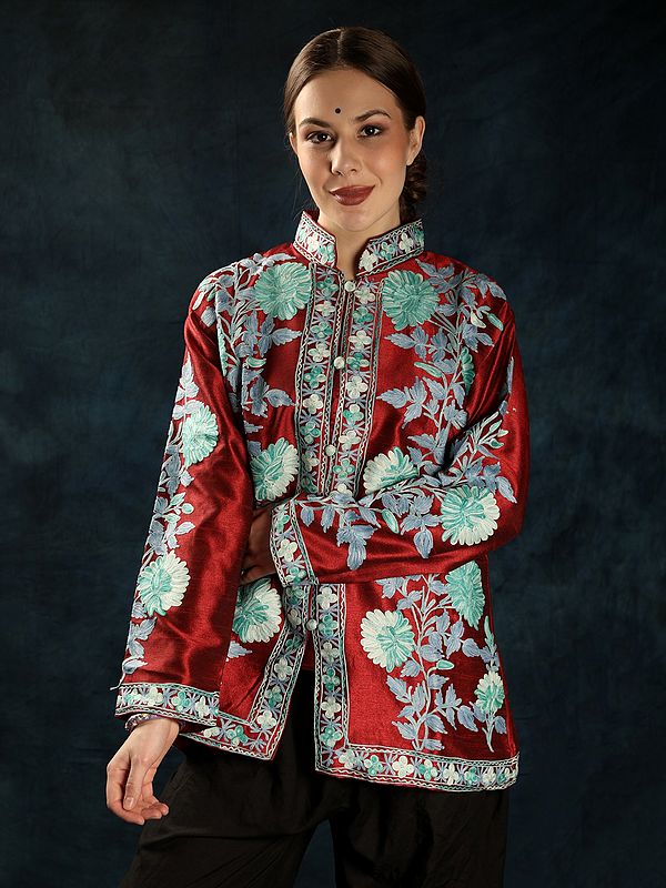 Red-Dahlia Silk Giant Floral Vine Motif Short Jacket with Aari Embroidery