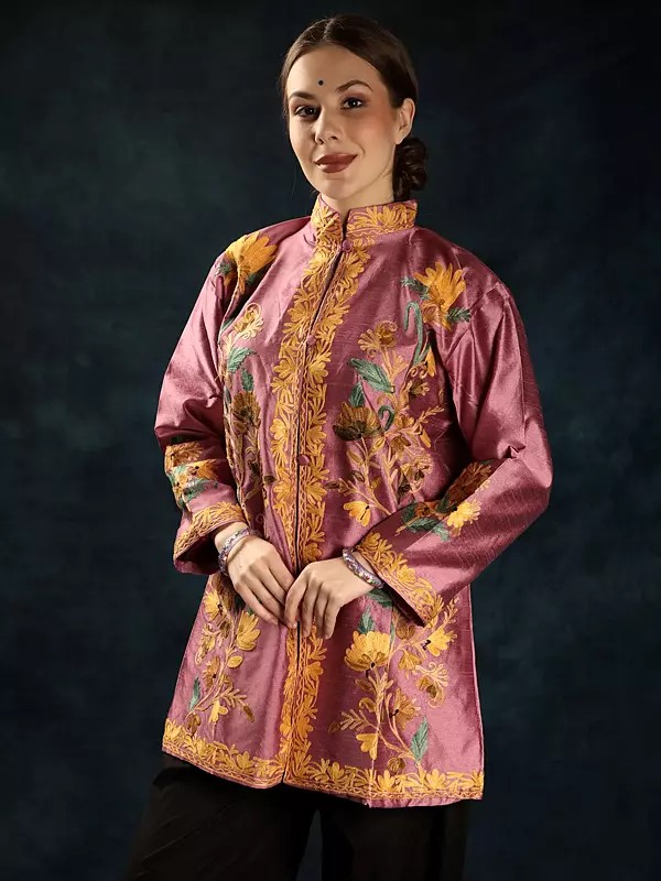 Cashmere-Rose Phool Bail Aari Embroidered Pure Silk Short Jacket from Kashmir
