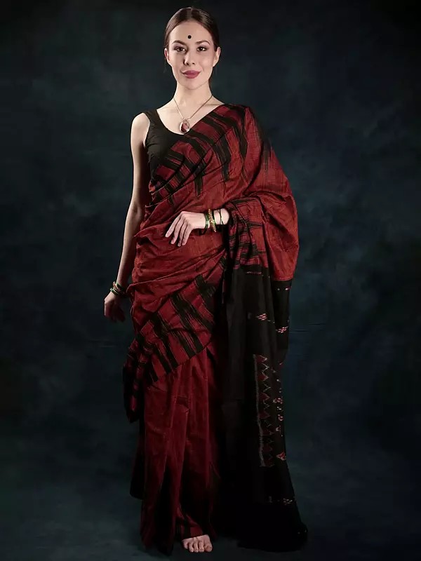 Pure Cotton Sambhalpuri Saree with Ikat Woven Pallu and Temple Border