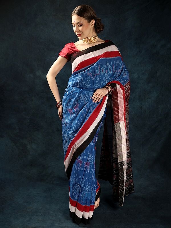 Imperial-Blue Single Ikat Sambhalpuri Saree from Orissa with Hand-woven Jungle Scenes