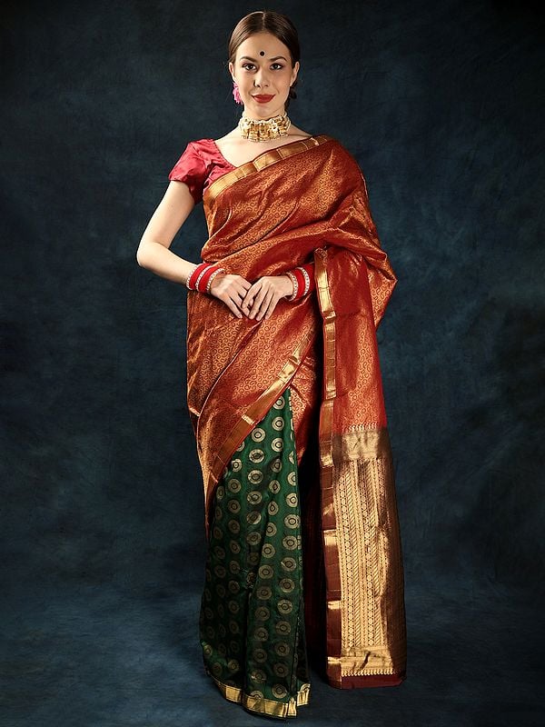 Hunter-Green Pure Silk Handloom Saree from Bangalore with Zari Weave