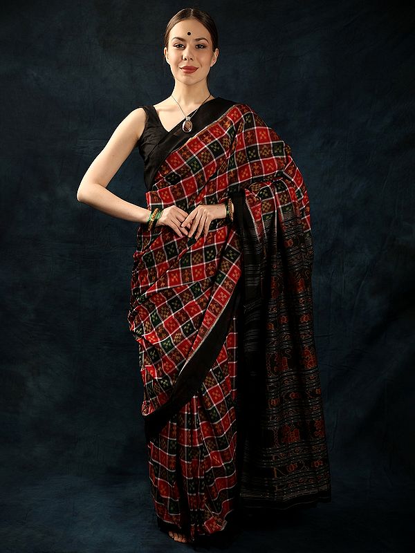 Tri-color Handloom Saree from Sambalpur with All-over Ikat Weave