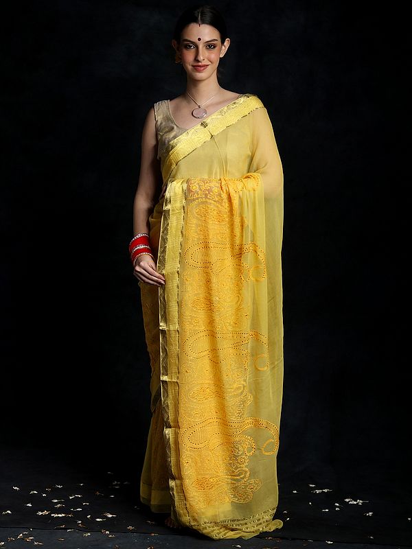 Yellowtail Chiffon Paisley Saree with Embroidered Sequins