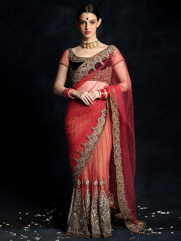 Vintage Rouge-Red Net Beaded Embroidered Lehenga Wedding Saree with Velvet Black Blouse
