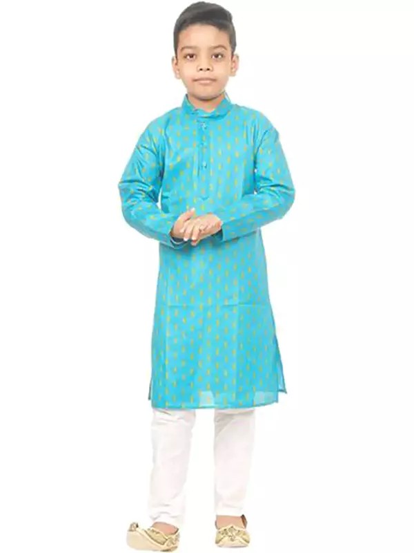 Blue Designer and Printed Kurta and Pajama Set for Boys in Cotton Blend