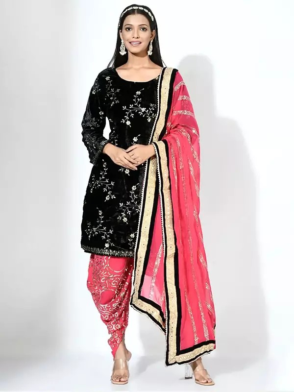Black-Pink Embroidered & Embellished Sequins Patiala Salwar-Suit with Faux Georgette Dupatta