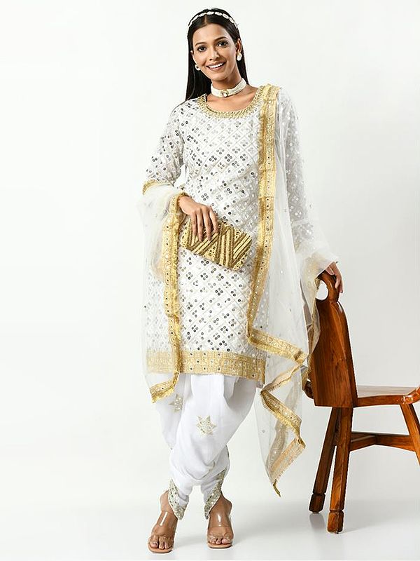 White Embroidered & Embellished Sequins Patiala Salwar-Suit with Net Dupatta